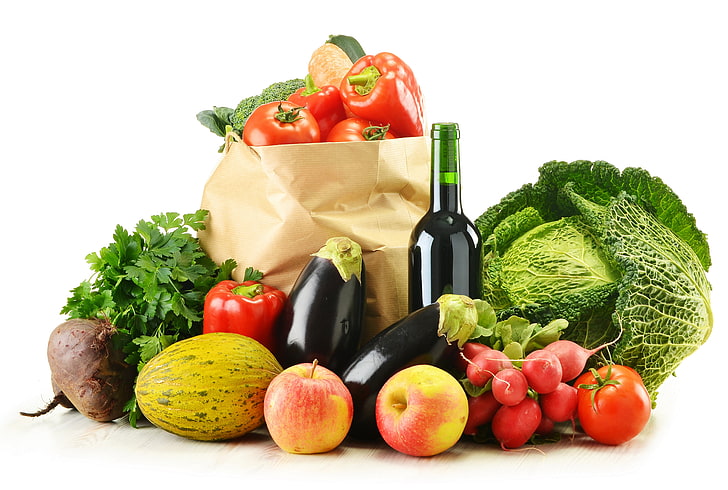 разнообразие овощей, овощей, фруктов, упаковки, ассорти, бутылки, HD обои