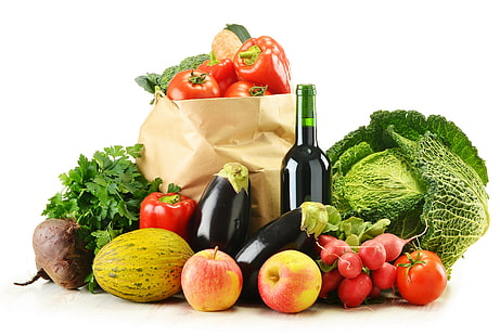 разнообразие от зеленчуци, зеленчуци, плодове, опаковка, асорти, бутилка, HD тапет HD wallpaper