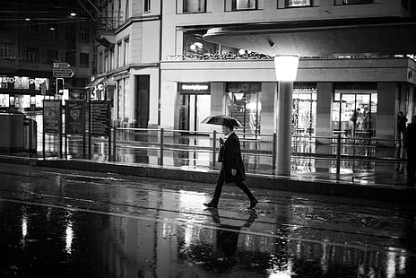 black umbrella, night, the city, lights, umbrella, people, rain, street, puddles, male, coat, shop, city, walking, HD wallpaper HD wallpaper