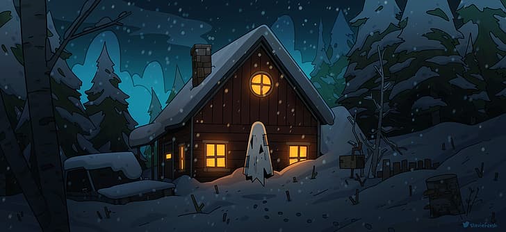 steviefeesh, ghost, snow, trees, forest, cottage, chimneys, night, HD wallpaper