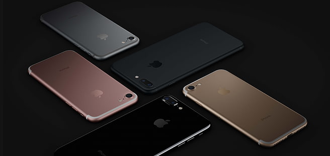 cinco iPhone 7, iPhone, logotipo, tecnología, teléfono celular, alta tecnología, teléfonos inteligentes, iPhone 7 de colores variados, Fondo de pantalla HD HD wallpaper