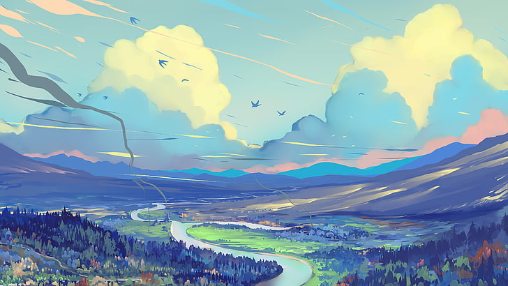 mountains and trees illustration, painting, clouds, sky, landscape, river, trees, mountains, birds, digital art, drawing, Hangmoon, HD wallpaper