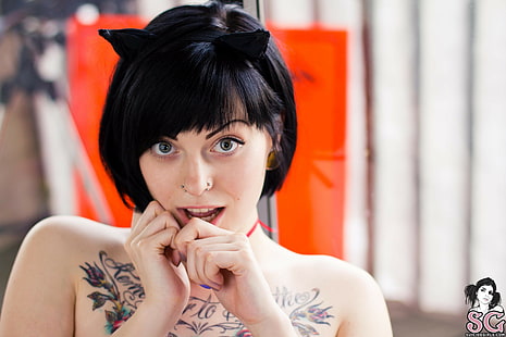 ceres suicide tattoo piercing women face brunette cat ears bare shoulders suicide girls, HD wallpaper HD wallpaper