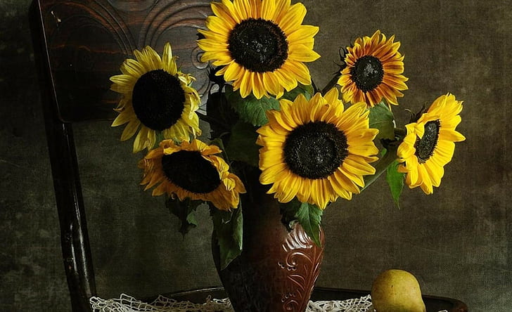 Sunflowers, Bouquet, Vase, Table, Pear, Still life, Napkin, HD wallpaper