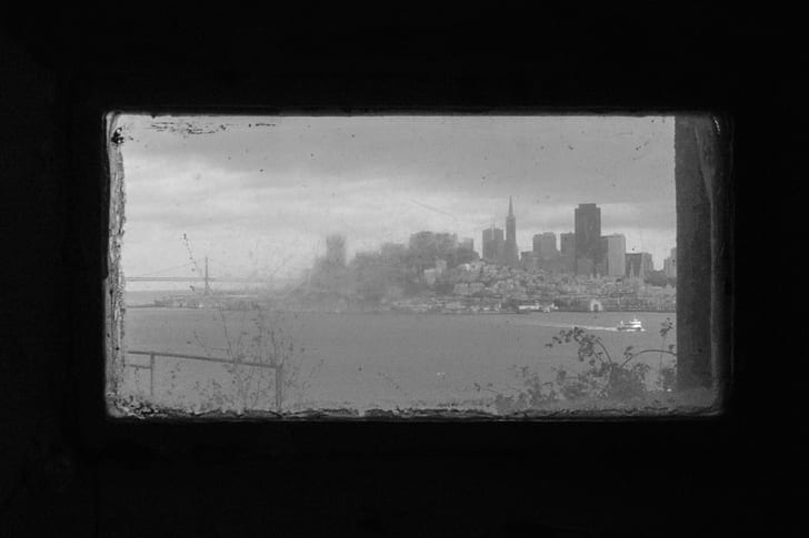 old photos, monochrome, history, photography, San Francisco, USA, Alcatraz, prison, window, dirt, city, cityscape, building, sea, skyscraper, trees, ship, glass, HD wallpaper