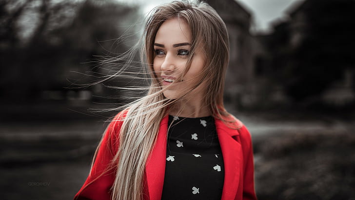 women outdoors, long hair, face, smiling, looking into the distance, straight hair, Ivan Gorokhov, Mary Jane, blonde, hair in face, model, portrait, Maria Puchnina, looking away, women, red coat, HD wallpaper