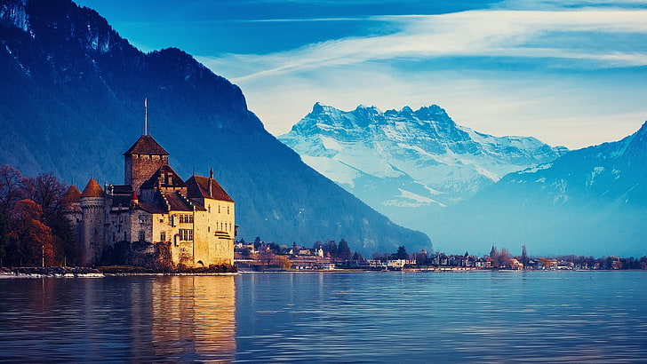Europa, castillo, montañas, Suiza, Alpes, Fondo de pantalla HD