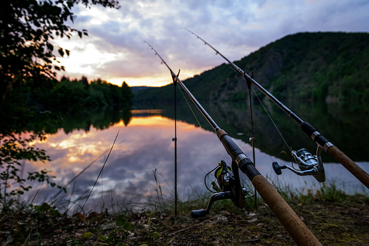 two brown-and-gray fishing rods, summer, landscape, blur, bokeh, fishing rods, view, travel, wallpaper., Czech Republic, the Vltava river, my planet, the dawn the sun, freshwater fishing, spinning, silence relax, fishing the šumava mountains, HD wallpaper