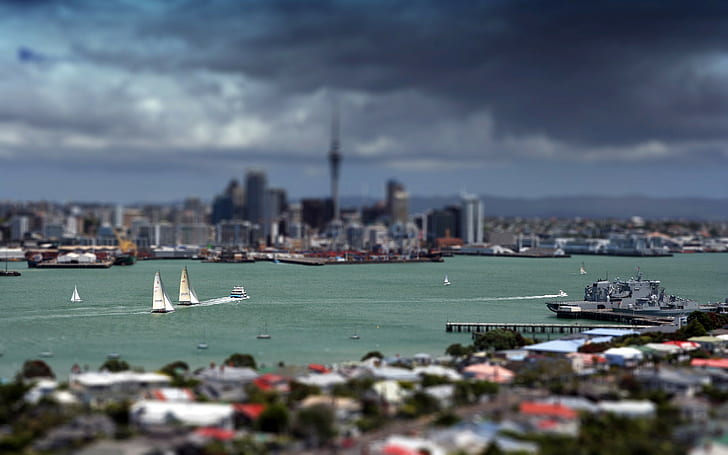 Auckland City Tilt Shift, kota, pergeseran, miring, auckland, fotografi, Wallpaper HD