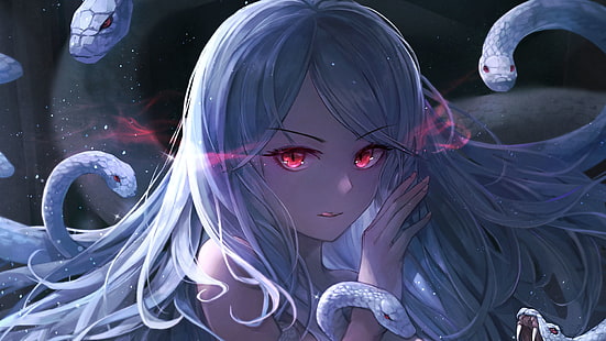 Anime, Original, Mädchen, Rote Augen, Schlange, Weißes Haar, HD-Hintergrundbild HD wallpaper