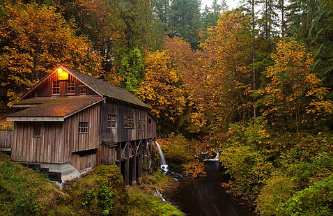 casa de madera marrón, bosque, molinos de agua, otoño, arroyos, árboles, Fondo de pantalla HD HD wallpaper