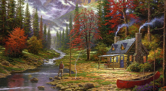 토마스 킨케이드의 굿 라이프 HD 배경 화면, 나무 그림으로 둘러싸인 집 근처 어부, 예술, 도면, 좋은, 생활, 토마스, 킨케이드, HD 배경 화면 HD wallpaper
