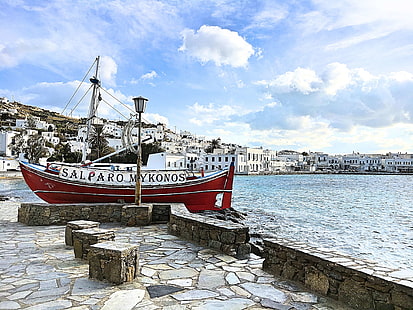 الأزرق ، القارب ، اليونان ، البحر الأبيض المتوسط ​​، ميكونوس، خلفية HD HD wallpaper