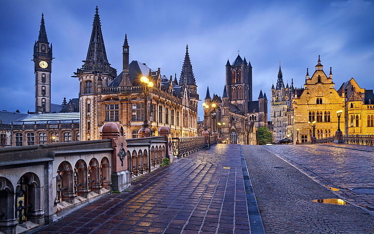 Ghent Belçika Şehrin Gotik Tarzı Mimari Masaüstü Duvar Kağıdı Tam Ekran, HD masaüstü duvar kağıdı