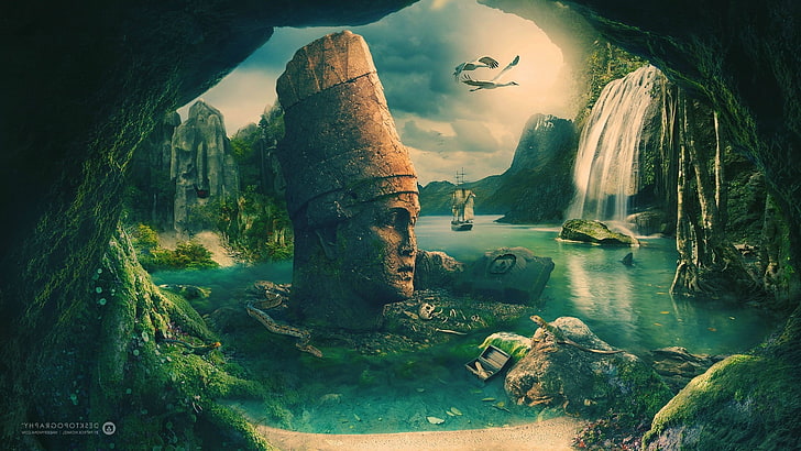 birds, cave, Desktopography, maya civilization, Sailing Ship, HD wallpaper