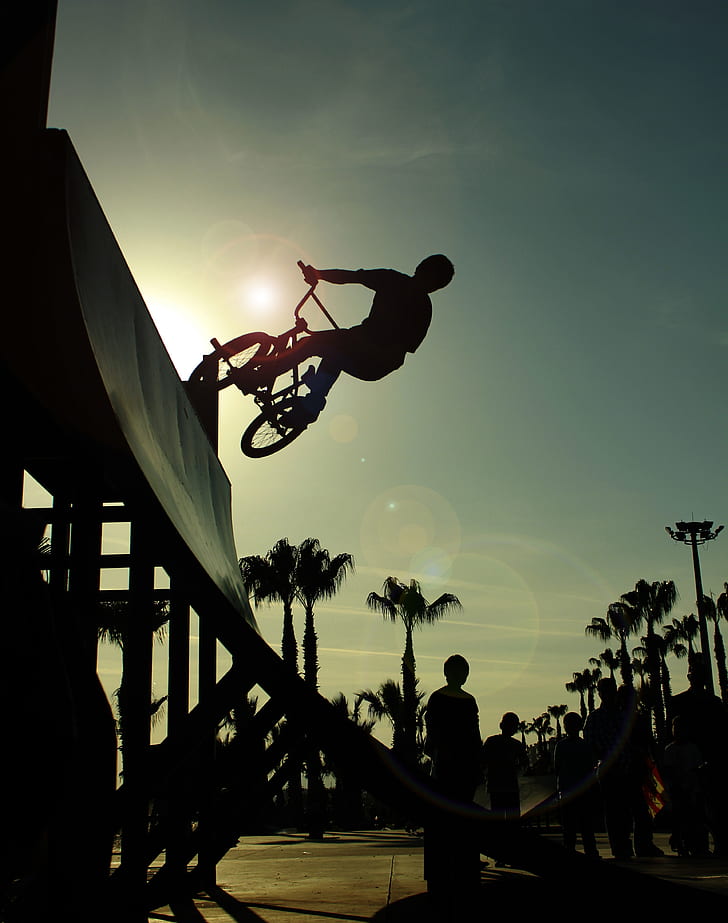 bmx, trick, silhouette, ramp, bike, jump, HD wallpaper