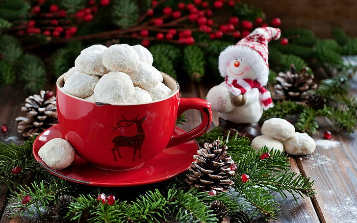 Biscuits in a cup, deer printed red ceramic mug, holidays, 1920x1200, christmas, snowman, biscuit, HD wallpaper