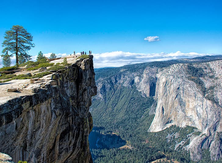 the sky, trees, mountains, rock, CA, USA, Yosemite National Park, lookout, HD wallpaper