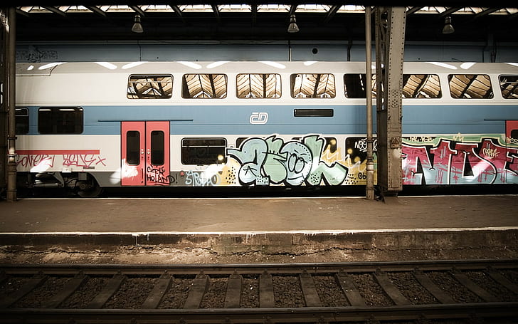 влак, железопътен транспорт, графити, превозно средство, HD тапет