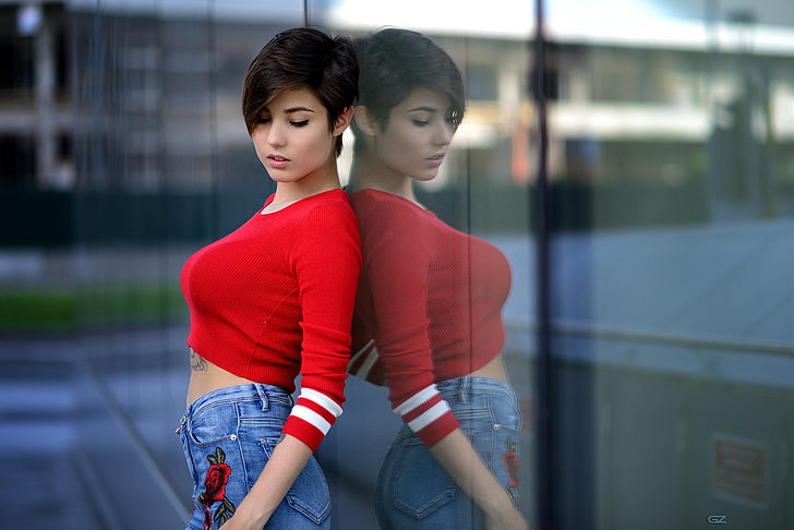 women's red and white long-sleeved crop-top, women, portrait, Giovanni Zacche, brunette, open mouth, denim, tattoo, reflection, Giorgia Soleri, short hair, red sweater, HD wallpaper