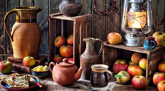 food, still life, apples, lantern, HD wallpaper HD wallpaper