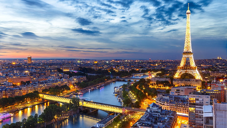 Torre Eiffel, paisaje urbano, ciudad, punto de referencia, París, cielo, horizonte, torre, metrópoli, Francia, atracción turística, Europa, anochecer, rascacielos, Sena, río, Fondo de pantalla HD