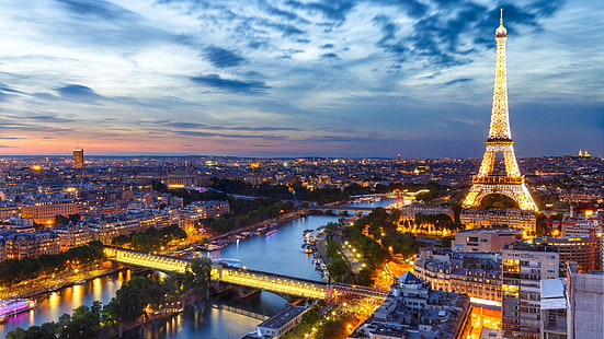 Torre Eiffel, paisaje urbano, ciudad, punto de referencia, París, cielo, horizonte, torre, metrópoli, Francia, atracción turística, Europa, anochecer, rascacielos, Sena, río, Fondo de pantalla HD HD wallpaper