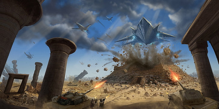 иллюстрация серый бетонный столб, взрыв, армия, арт, самолеты, солдаты, танк, атака, пирамида, Египет, HD обои