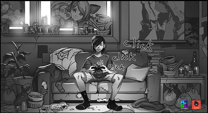 chłopiec siedzący na kanapie ilustracja, grafika, monochromatyczny, Tapety HD