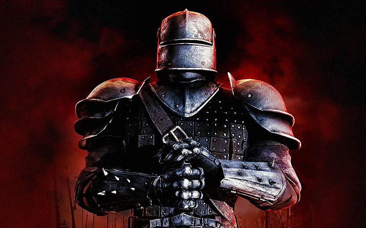 knight digital wallpaper, knight, video games, Armies of Exigo, digital art, medieval, red, armour, helmet, warrior, fantasy art, dark fantasy, HD wallpaper
