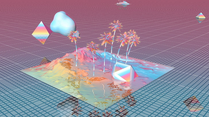 الوردي والأزرق الأشجار التوضيح vaporwave، خلفية HD