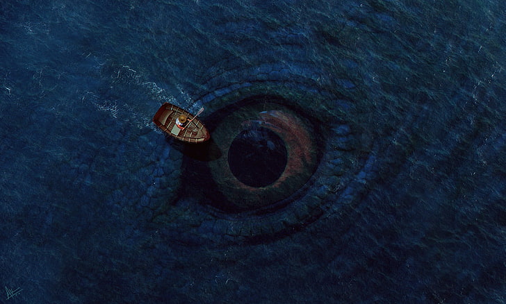 Ilustración de barco marrón, mar, barco, ojos, criatura, olas, Fondo de pantalla HD