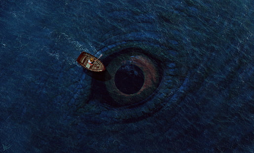 brown boat illustration, sea, boat, eyes, creature, waves, HD wallpaper HD wallpaper