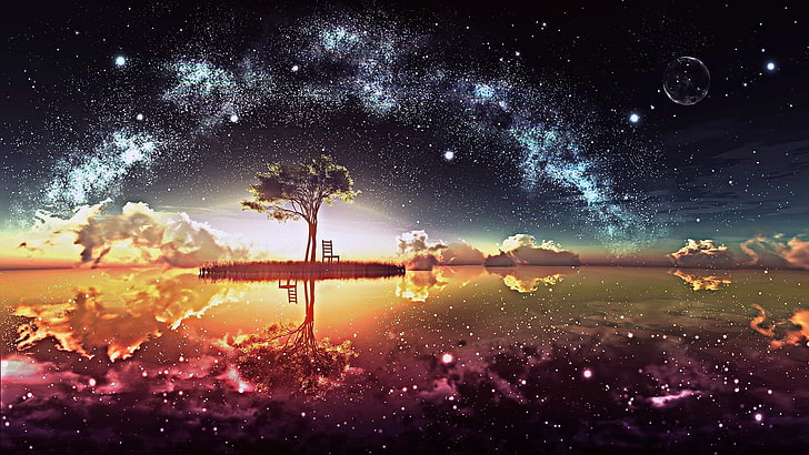 tree painting, fantasy art, trees, chair, clouds, space, water, sky, sea, lake, galaxy, Milky Way, colorful, reflection, stars, sunlight, sunrise, evening, HD wallpaper