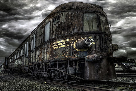 tren marrón, tren, vehículo, abandonado, viejo, HDR, ruina, ferrocarril, nublado, Fondo de pantalla HD HD wallpaper