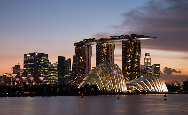 Marina Bay Sands, Singapore, notte, luci, costruzione, grattacieli, Singapore, lungomare, Sfondo HD