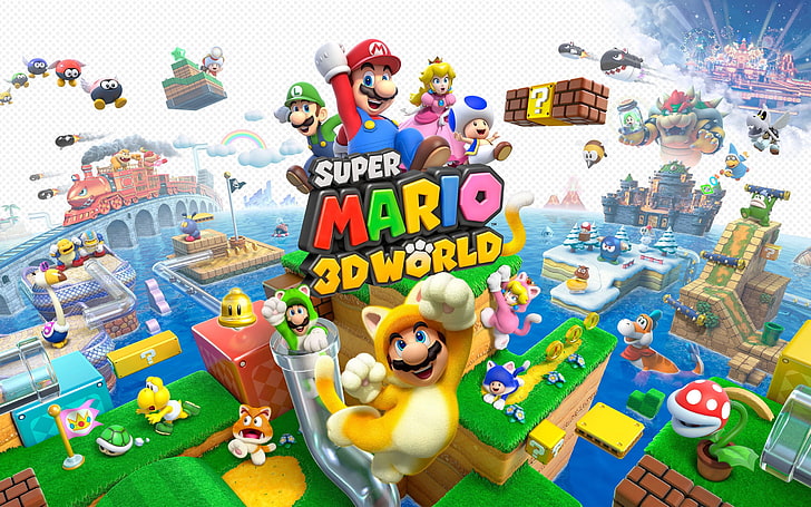 Poster Super Mario 3D World, Super Mario Bros, video game, Luigi, Princess Peach, Toad (karakter), Super Mario 3D World, Peach, Nintendo, Super Mario, Wallpaper HD