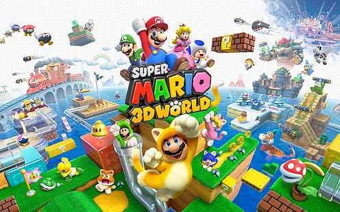 Pôster do Super Mario 3D World, Super Mario Bros., videogame, Luigi, Princesa Peach, Sapo (personagem), Super Mario 3D World, Peach, Nintendo, Super Mario, HD papel de parede HD wallpaper