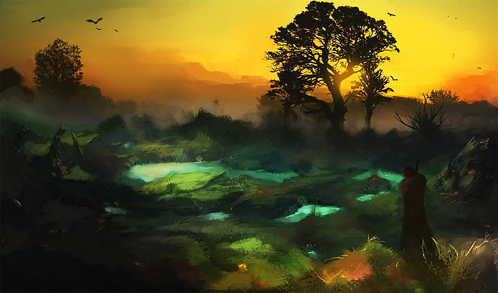 sunset, birds, fog, tree, people, swamp, figure, traveler, HD wallpaper