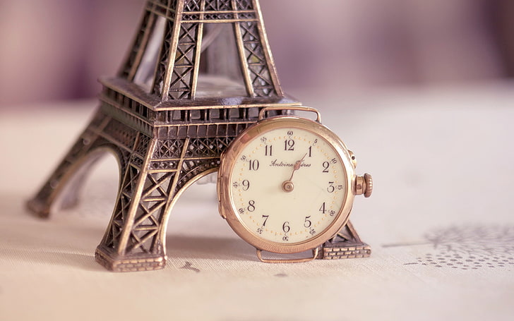 round gold-colored pocket watch, Eiffel tower, watch, figurine, dial, HD wallpaper