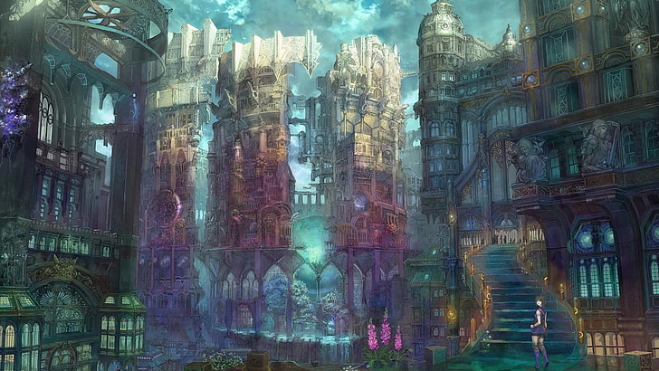papel de parede de animação do castelo, anime, futurista, cidade da fantasia, meninas do anime, HD papel de parede