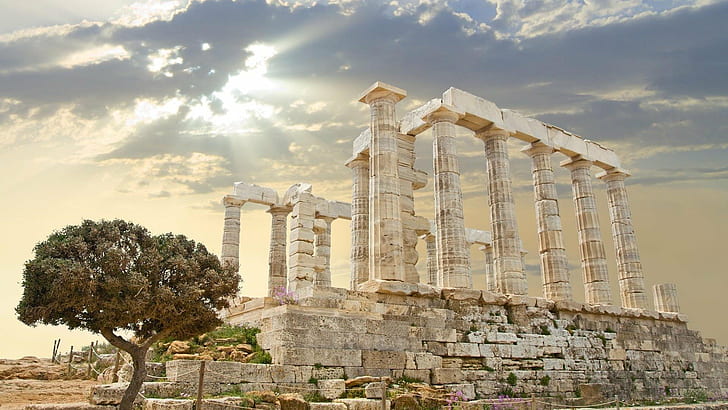 греческий храм посейдона храм зевса древние афины руины столп камень солнечные лучи, HD обои
