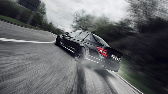 Mercedes-Benz, Drift, AMG, Czarny, Dym, Tuning, Droga, C63, Ruch, Tapety HD HD wallpaper