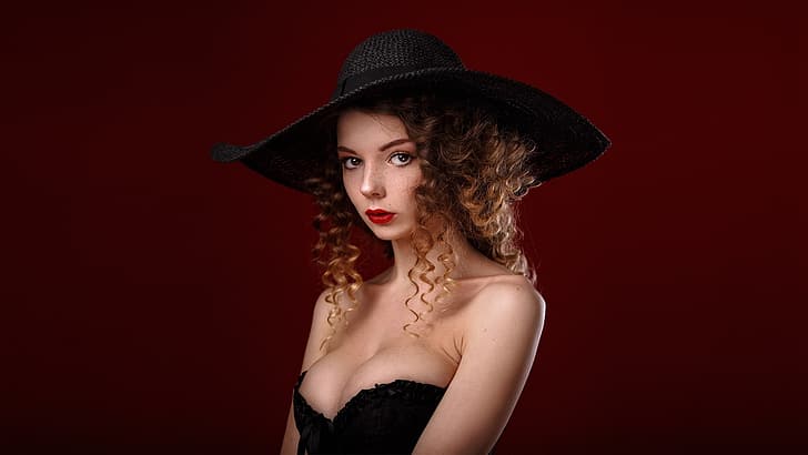 girl, cleavage, long hair, dress, hat, brown hair, brown eyes, boobs, breast, photo, photographer, model, lips, face, brunette, pose, chest, portrait, profile, mouth, freckles, red lipstick, simple background, red background, lipstick, looking at camera, curly hair, bare shoulders, looking at viewer, strapless, Venera Gudkova, Alexander Chuprina, HD wallpaper