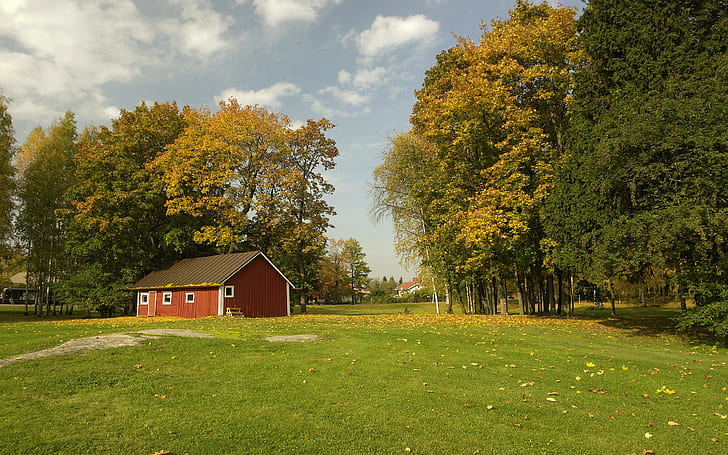Есенно поле с червена плевня, дървета, плевня, поле, есен, природа и пейзажи, HD тапет