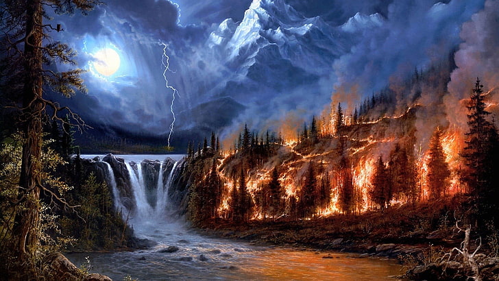 forest on fire painting, nature, landscape, digital art, mountains, clouds, pine trees, forest, fire, smoke, waterfall, storm, lightning, mist, stream, Moon, stones, painting, HD wallpaper