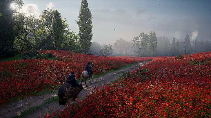 screen shot, animals, path, flowers, field, horseback, cloaks, traveler, HD wallpaper