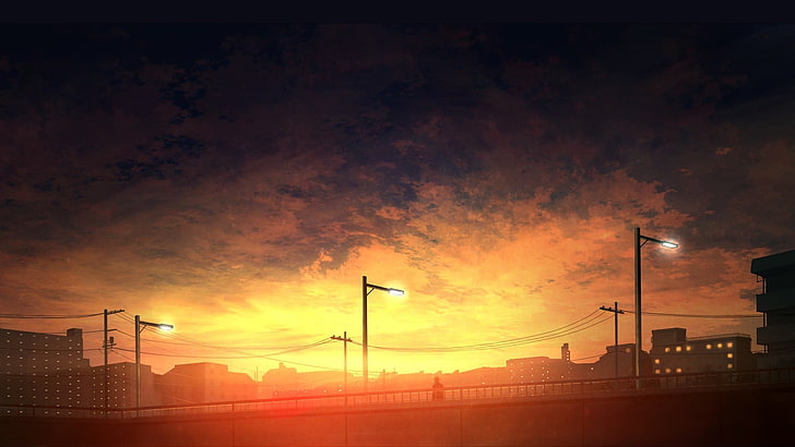 white building at golden hour, sunset, cityscape, sky, anime, HD wallpaper