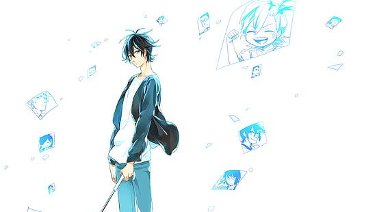 Barakamon, Handa Seishuu, anime, anak laki-laki anime, latar belakang sederhana, rambut hitam, mata biru, rambut gelap, Wallpaper HD HD wallpaper