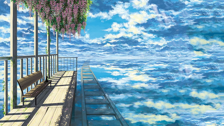 brown wooden park bench, sky, clouds, bench, cat, railway, sen to chihiro, HD wallpaper